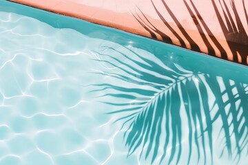 Fototapeta na wymiar Palm tree leaves shadow against blue water swimming pool surface and peach fuzz poolside edge. Tropical summer vacation background concept. Space for copy