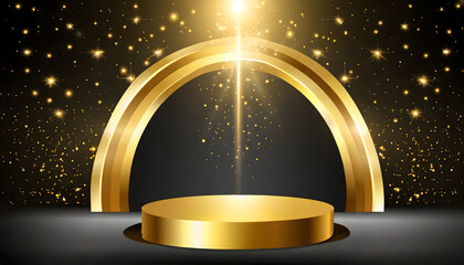 Product display stand with golden curve decoration and starlight effect elements. Black luxu. Generative AI.