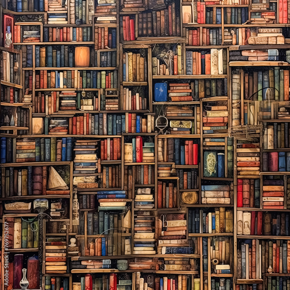 Poster a bookcase filled with books of various sizes and colors. the books are arranged in a way that creat