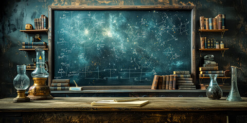 A chemistry lab with a chalkboard full of equations and a bottle of alcohol on the table. Scene is scientific and focused - Powered by Adobe