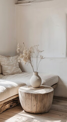 Fototapeta na wymiar Organic Wooden Table White Background Stock Photo for Interior Designers