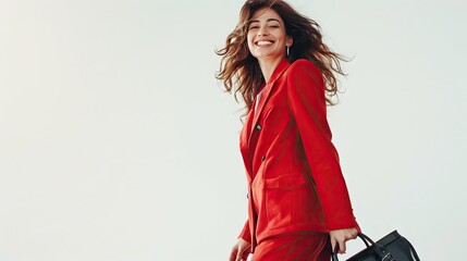 woman smiling in a red suit and holding a bag, full length, white background, realistic photo 