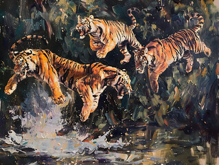 Fototapeta na wymiar Painting tiger wall art shows strength and victory.