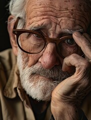 Contemplative senior male with glasses, embodying a life of experience and insight - obrazy, fototapety, plakaty