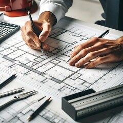 Architect working on blueprints