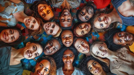 Circle of diverse friends smiling. Ideal for themes of unity, diversity, and friendship, suited for social media, advertising, and cultural projects.
