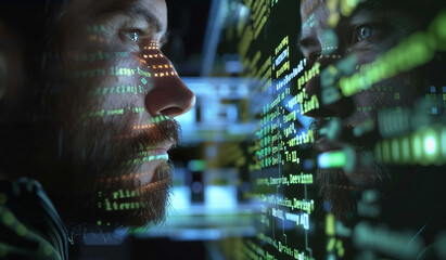 Closeup of  Programmer Face with Reflecting Colorful Programming Code on His Skin