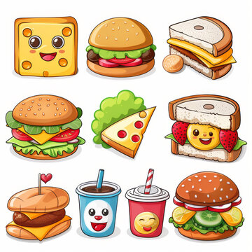 A variety of cute cartoon fast food characters, including burgers and sandwiches, ideal for children's menus and food apps.
