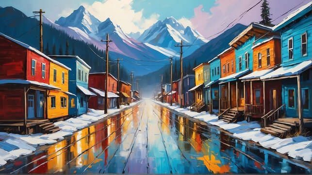 rural street town in alaska theme oil pallet knife paint painting on canvas with large brush strokes modern art illustratio from Generative AI