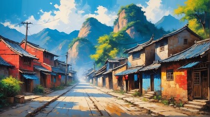 rural street town in china theme oil pallet knife paint painting on canvas with large brush strokes modern art illustration from Generative AI
