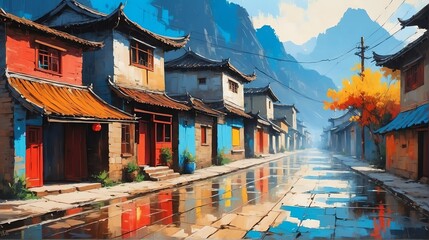 rural street town in china theme oil pallet knife paint painting on canvas with large brush strokes modern art illustration from Generative AI - obrazy, fototapety, plakaty