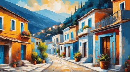 rural street town in greece theme oil pallet knife paint painting on canvas with large brush strokes modern art illustration from Generative AI - obrazy, fototapety, plakaty