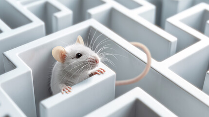 Ratón blanco de laboratorio en laberinto - obrazy, fototapety, plakaty