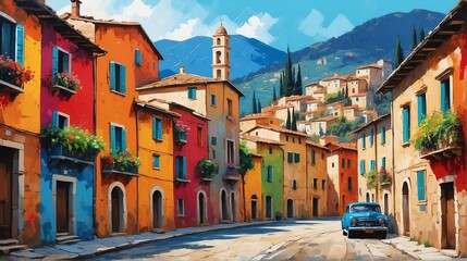 rural street town in italy theme oil pallet knife paint painting on canvas with large brush strokes modern art illustration from Generative AI