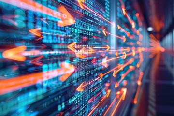 Obraz premium Digital data flow with rising arrows, visualizing fastpaced information transfer