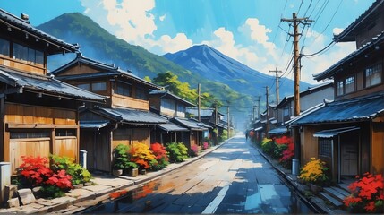 rural street town in japan theme oil pallet knife paint painting on canvas with large brush strokes modern art illustration from Generative AI - obrazy, fototapety, plakaty