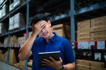 A man in a blue shirt is holding a tablet and looking at it. He is in a state of distress or...