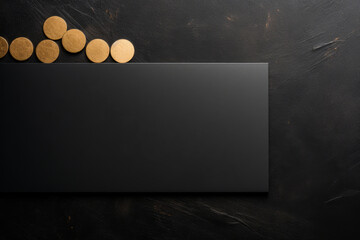 Blank black business card with gold coins on black background, top view. Template for design
