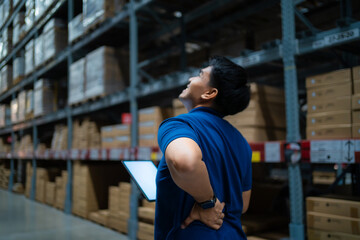 A man in a blue shirt is looking at a laptop while standing in a warehouse. He is in pain, possibly...