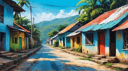 rural street town in jamaica theme oil pallet knife paint painting on canvas with large brush strokes modern art illustration from Generative AI - obrazy, fototapety, plakaty