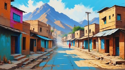 rural street town in pakistan theme oil pallet knife paint painting on canvas with large brush strokes modern art illustration from Generative AI - obrazy, fototapety, plakaty