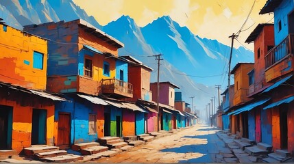 rural street town in pakistan theme oil pallet knife paint painting on canvas with large brush strokes modern art illustration from Generative AI - obrazy, fototapety, plakaty