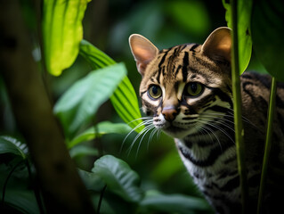 Leopard Cat Intently Focused in Borneo Jungle. generative ai