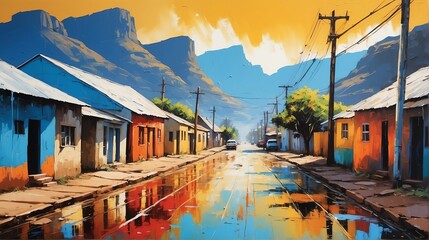 rural street town in south africa theme oil pallet knife paint painting on canvas with large brush strokes modern art illustration from Generative AI - obrazy, fototapety, plakaty