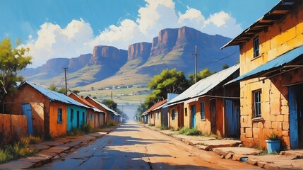 Fototapeta na wymiar rural street town in south africa theme oil pallet knife paint painting on canvas with large brush strokes modern art illustration from Generative AI