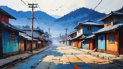 rural street town in south korea theme oil pallet knife paint painting on canvas with large brush strokes modern art illustration from Generative AI - obrazy, fototapety, plakaty
