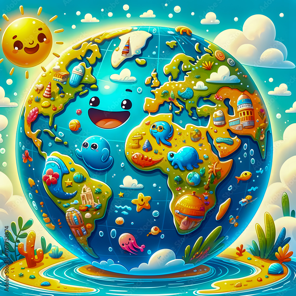 Poster a globe in a child-friendly and imaginative style. the globe is it's designed to spark curiosity.