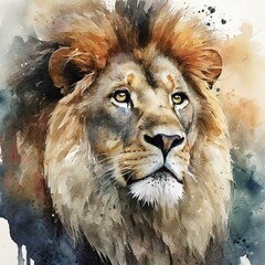 close up of lion.a mesmerizing watercolor poster print featuring the intense gaze of a lion. Focus on capturing the depth and emotion in the lion's eyes, using subtle color variations and delicate sha - obrazy, fototapety, plakaty