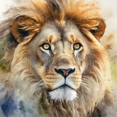 a mesmerizing watercolor poster print featuring the intense gaze of a lion. Focus on capturing the depth and emotion in the lion's eyes, using subtle color variations and delicate shading to convey it - obrazy, fototapety, plakaty