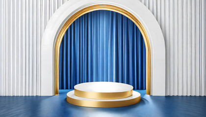 Realistic 3D blue and white cylinder pedestal podium with blue curtain in arch shape window....