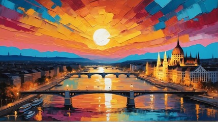 Sunset in budapest hungary theme oil pallet knife paint painting on canvas with large brush strokes modern art illustration abstract from Generative AI - obrazy, fototapety, plakaty
