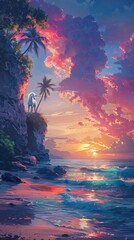 Beachside unicorn in Thailand, crystal waters, sunrise, panoramic view, enchanted mood