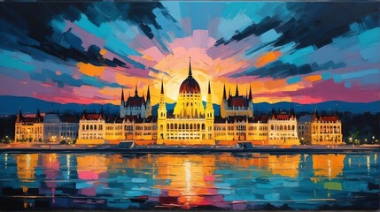 Fototapeta premium Sunset in budapest hungary theme oil pallet knife paint painting on canvas with large brush strokes modern art illustration abstract from Generative AI
