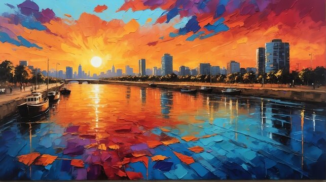 sunset in Buenos Aires Argentina theme oil pallet knife paint painting on canvas with large brush strokes modern art from Generative AI
