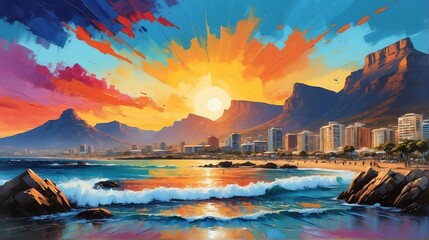 sunset in Cape Town South Africa theme oil pallet knife paint painting on canvas with large brush strokes modern art from Generative AI - obrazy, fototapety, plakaty