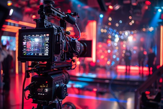 Envision a modern video camera with a digital display capturing an interview in a TV show studio. The blurred background draws focus to the camera and the recording session