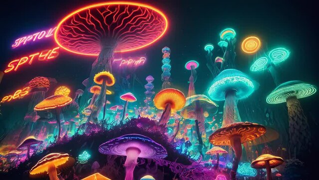 Psychedelic neon glowing magic mushrooms animation