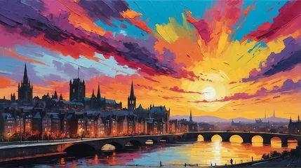 Foto op Plexiglas Sunset in edinburgh united kingdom theme oil pallet knife paint painting on canvas with large brush strokes modern art illustration abstract from Generative AI © SevenThreeSky