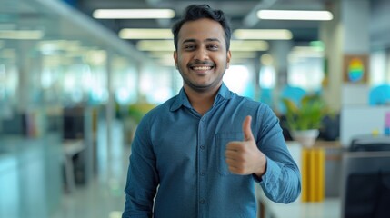 portrait of a man, a young confident happy Indian man from Indore in a normal blue shirt clothes standing in the middle of the office and looking at the camera