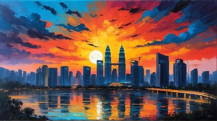 sunset in Kuala Lumpur Malaysia theme oil pallet knife paint painting on canvas with large brush strokes modern art illustration from Generative AI - obrazy, fototapety, plakaty