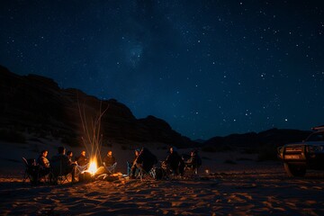 A group of friends sat around the campfire, with their camping chairs and equipment beside them, enjoying each other's company under the starry sky