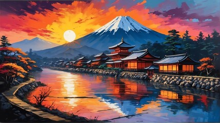 Sunset in kyoto japan theme oil pallet knife paint painting on canvas with large brush strokes modern art illustration abstract from Generative AI