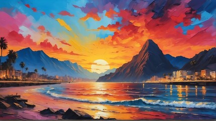 sunset in Lima Peru theme oil pallet knife paint painting on canvas with large brush strokes modern art illustration abstract from Generative AI - obrazy, fototapety, plakaty
