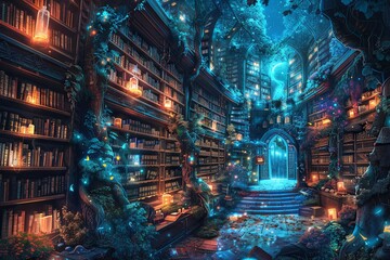 Magical Library of Dreams a mystical library where each book contains a portal to a different dream world. shelves filled with glowing tomes and whimsical creatures wandering between the pages