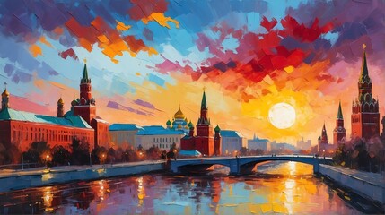 sunset in Moscow Russia theme oil pallet knife paint painting on canvas with large brush strokes modern art illustration from Generative AI - obrazy, fototapety, plakaty
