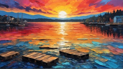 Sunset in oslo norway theme oil pallet knife paint painting on canvas with large brush strokes modern art illustration abstract from Generative AI - obrazy, fototapety, plakaty